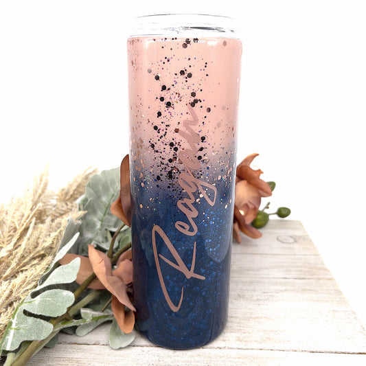 Custom Personalized  Blush and Navy Blue Ombre Glitter Tumbler Cup With Lid