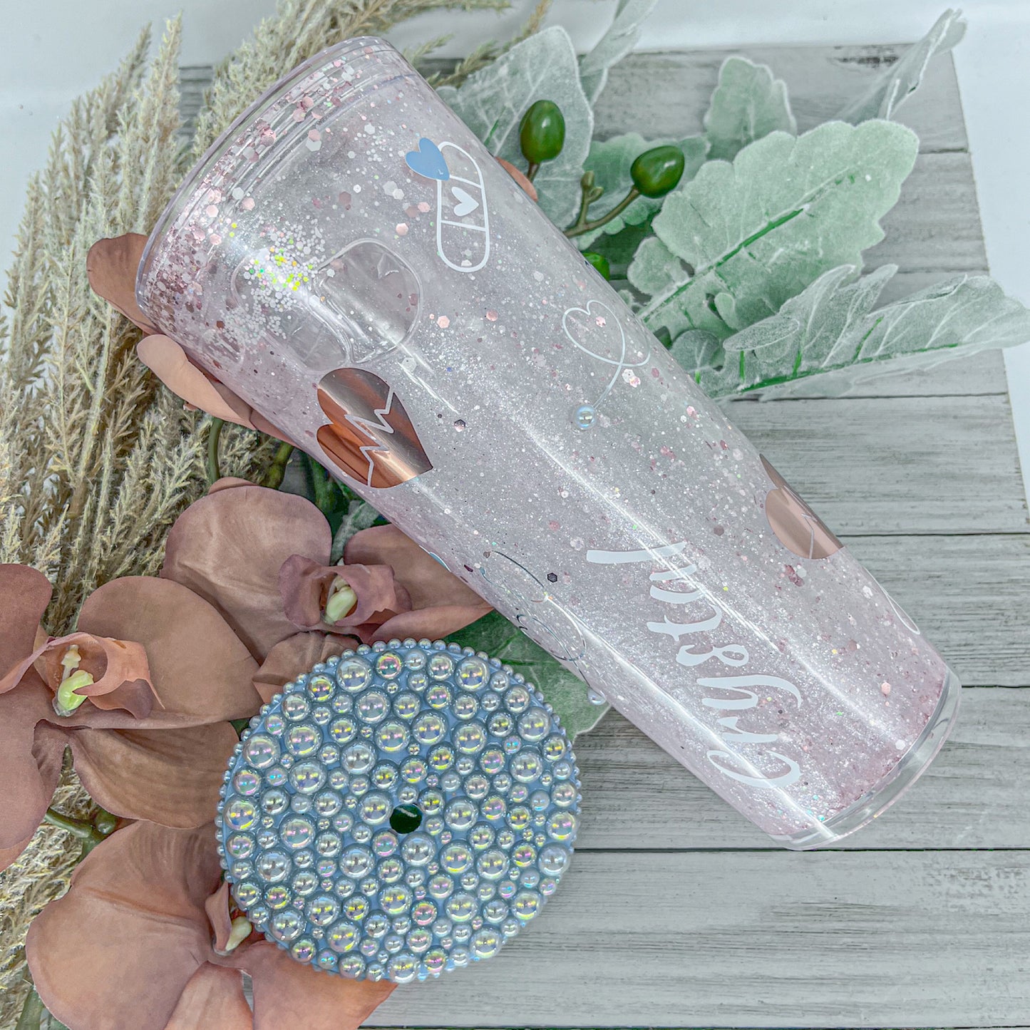 Custom Personalized Nurse Rose Gold Blue Rose Glitter Snow Globe Tumbler Cup With Lid