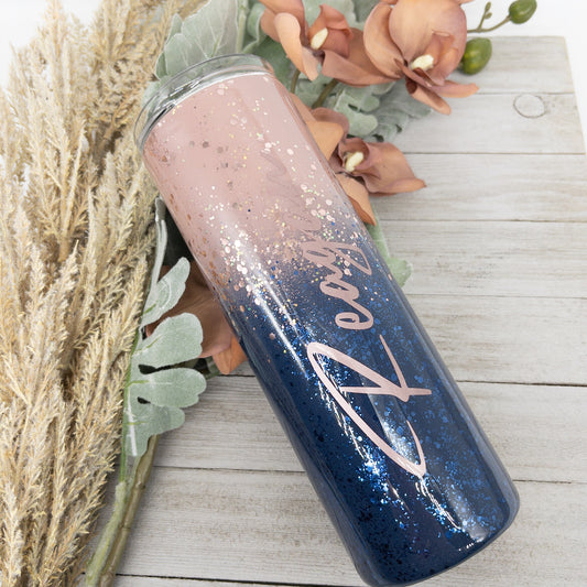 Custom Personalized  Blush and Navy Blue Ombre Glitter Tumbler Cup With Lid