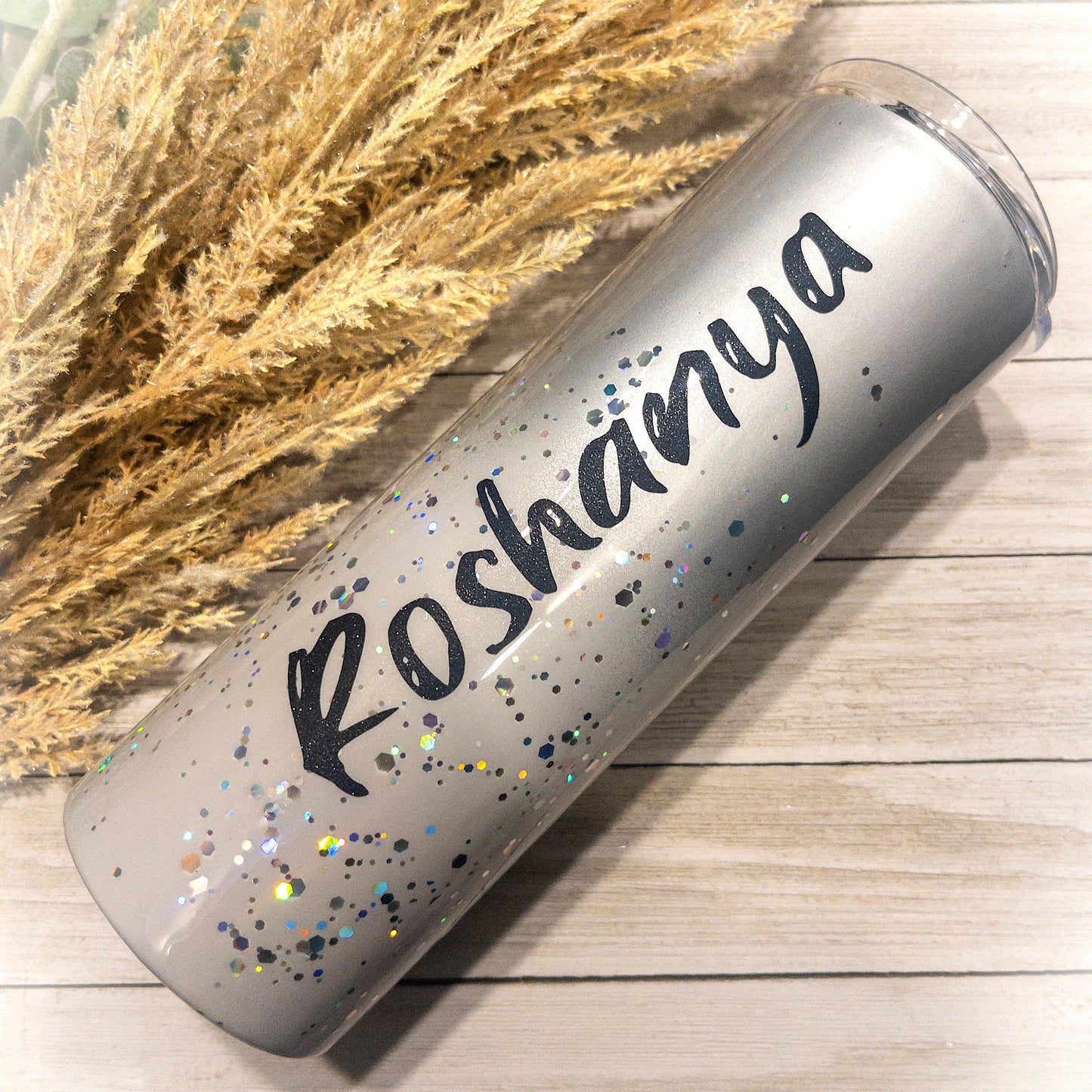 Custom Personalized Silver Grey Glitter Tumbler Cup With Lid and Straw