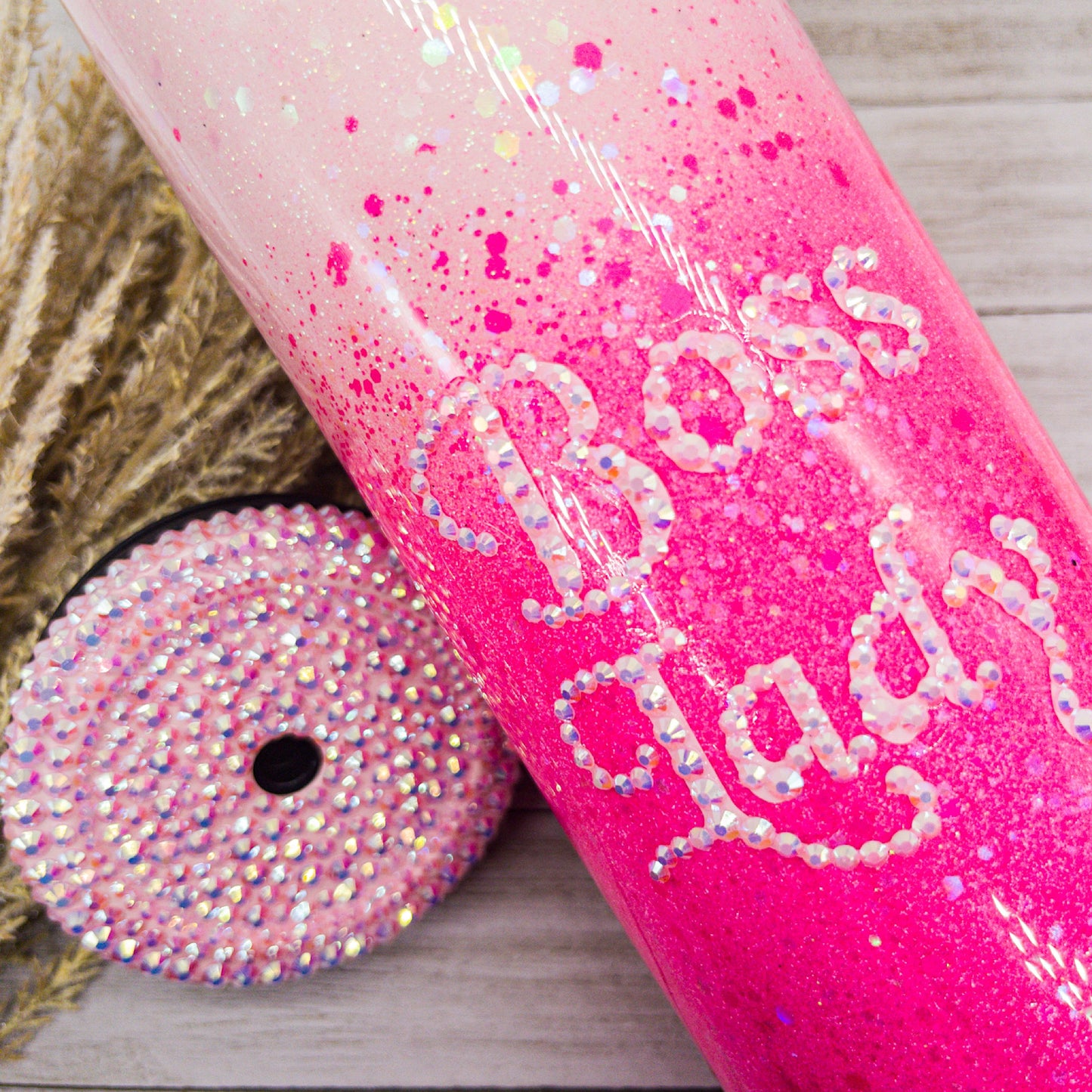 Custom Personalized Pink Rhinestone Ombre Glitter Tumbler Cup With Lid