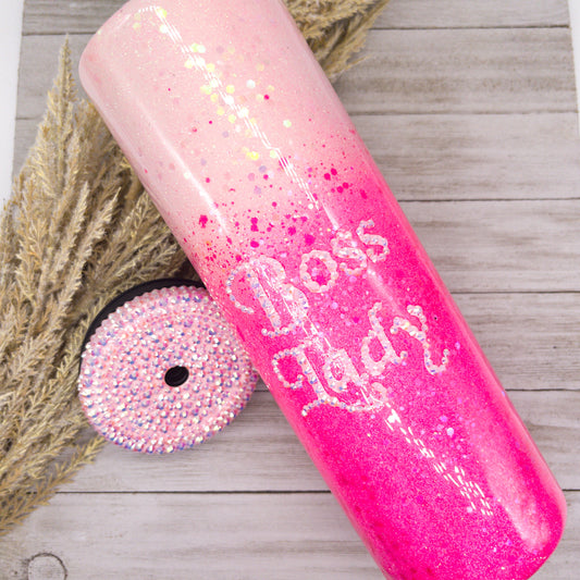 Custom Personalized Pink Rhinestone Ombre Glitter Tumbler Cup With Lid