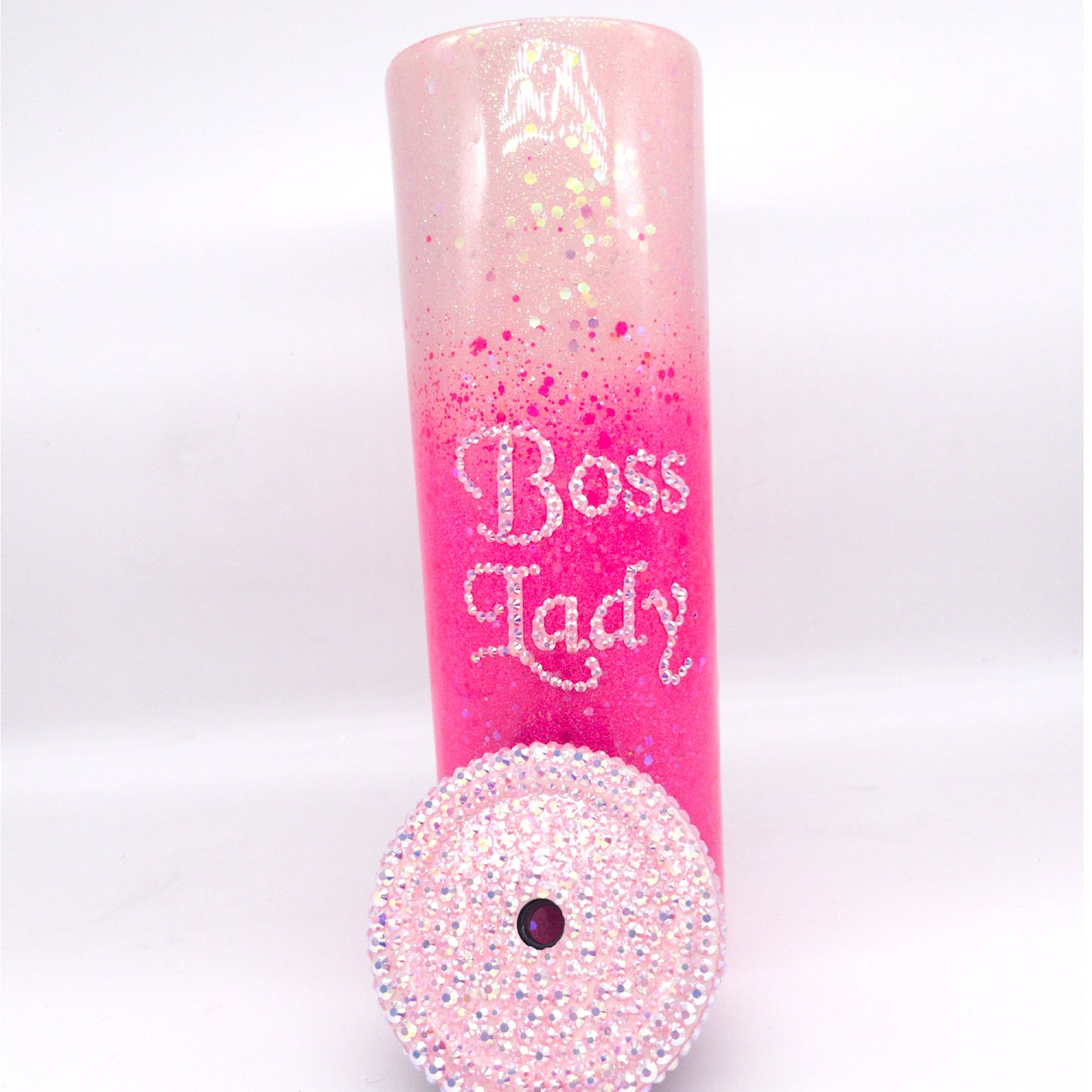 Custom Personalized Pink Rhinestone Ombre Glitter Tumbler Cup With Lid
