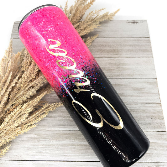 Custom Personalized  Hot Pink and Black Ombre Glitter Tumbler Cup With Lid