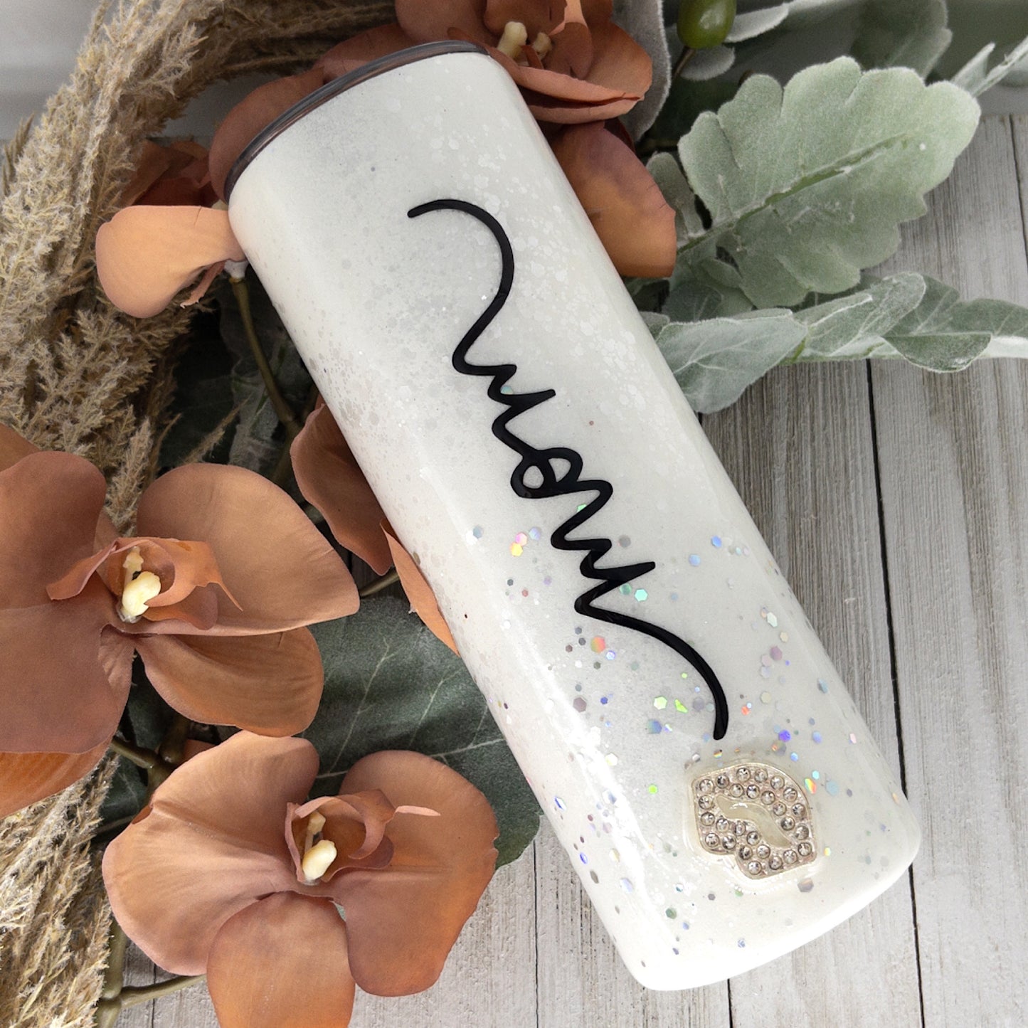 Custom Personalized  White Silver Rhinestone  Glitter Tumbler Cup With Lid