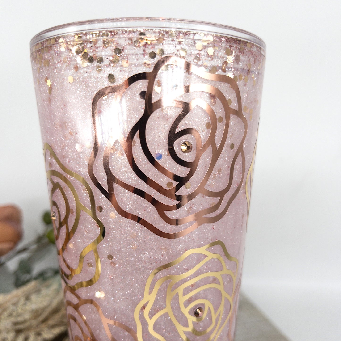 Custom Personalized  Rose Gold Glitter Snow Globe Tumbler Cup With Lid