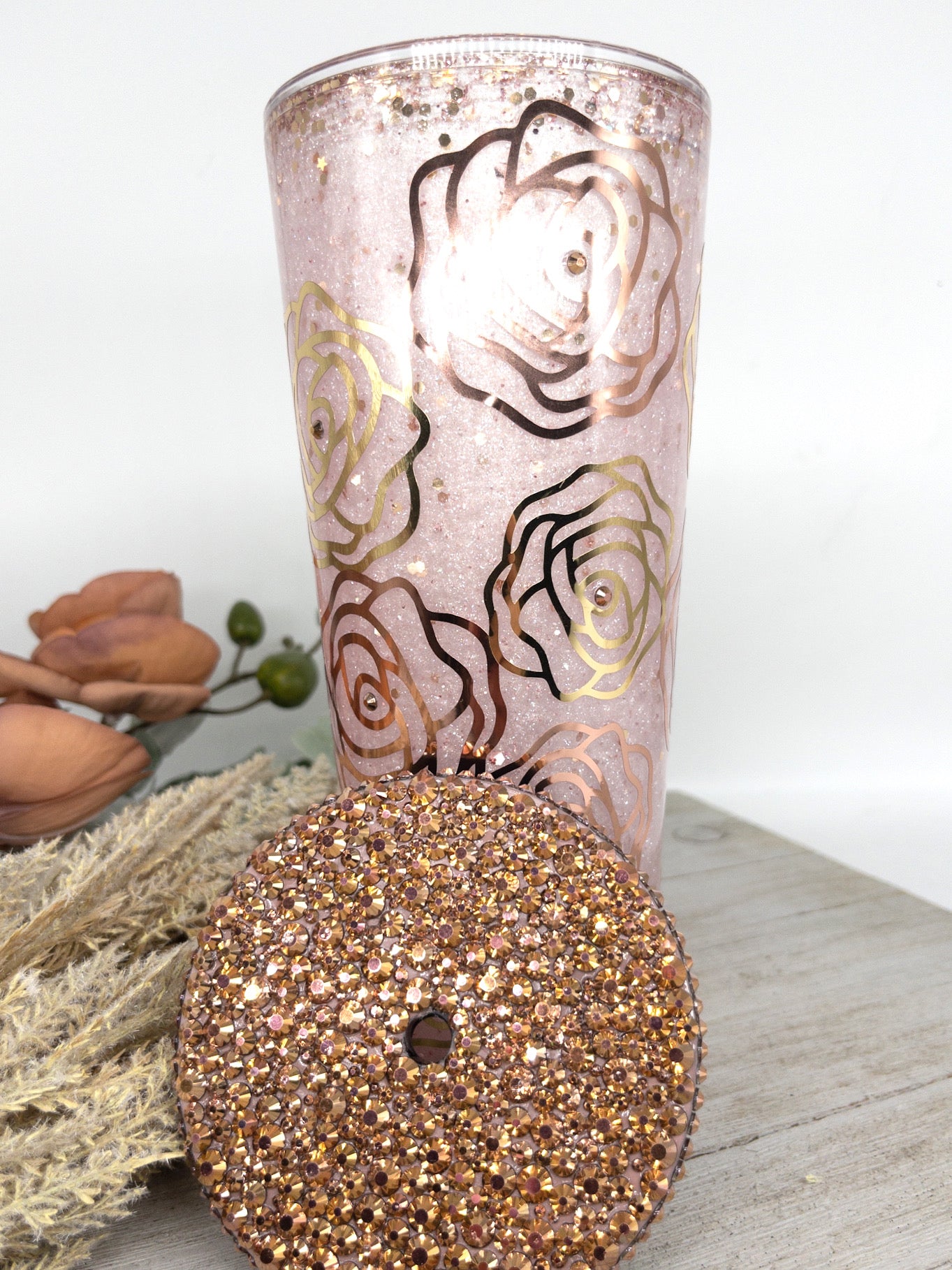 Custom Personalized  Rose Gold Glitter Snow Globe Tumbler Cup With Lid