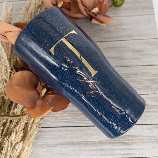 Custom Personalized Insulated Navy Blue Glitter Tumbler Cup With Lid and Straw