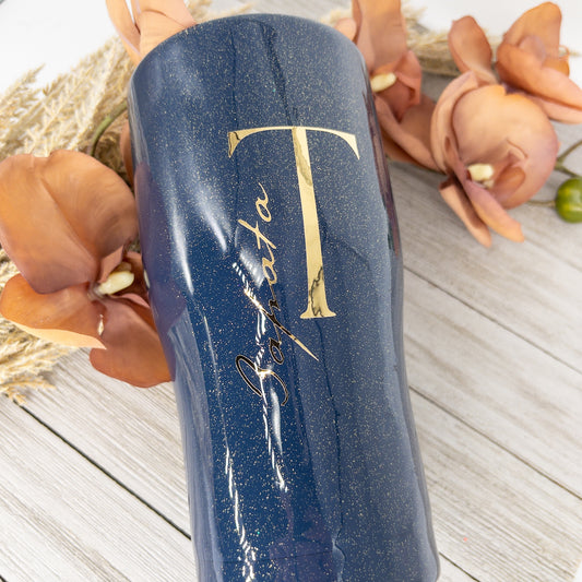 Custom Personalized Insulated Navy Blue Glitter Tumbler Cup With Lid and Straw