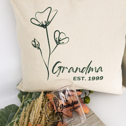 Double Sided Family Portrait Pillow with Grandma Mug