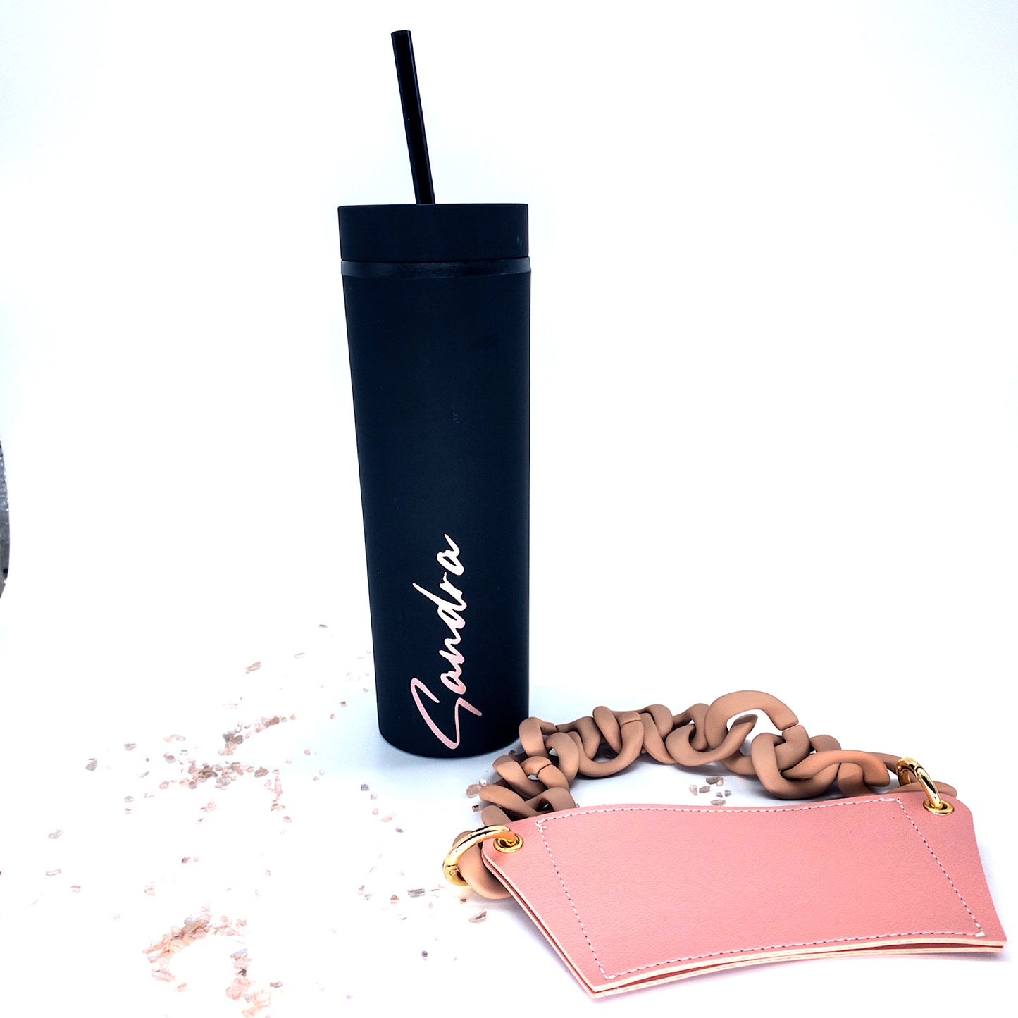 **COMBO**Personalized Matte Black Acrylic Tumbler AND Reusable Pink Cup Sleeve Purse