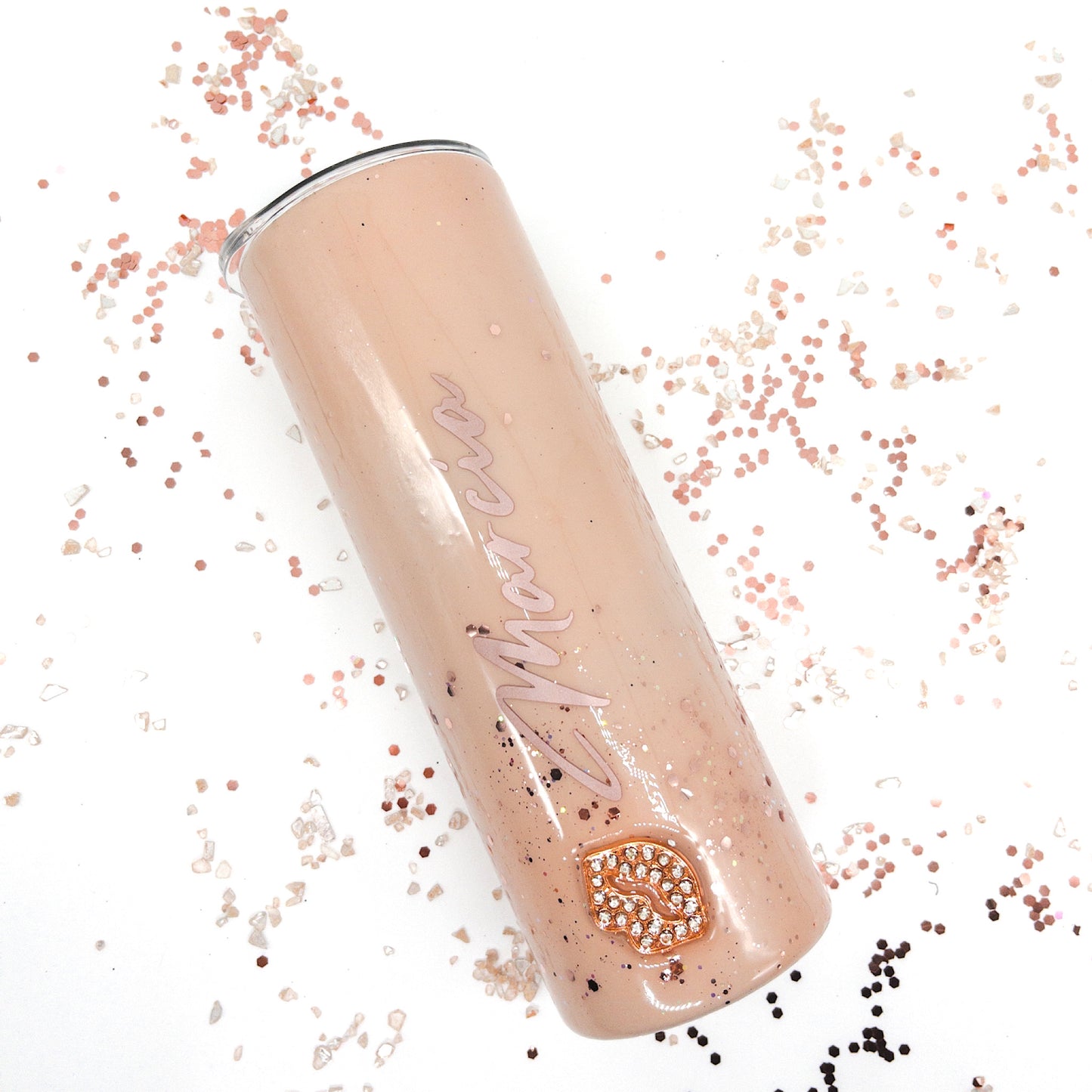 Custom Personalized  Rose Gold Rhinestone  Glitter Tumbler Cup With Lid
