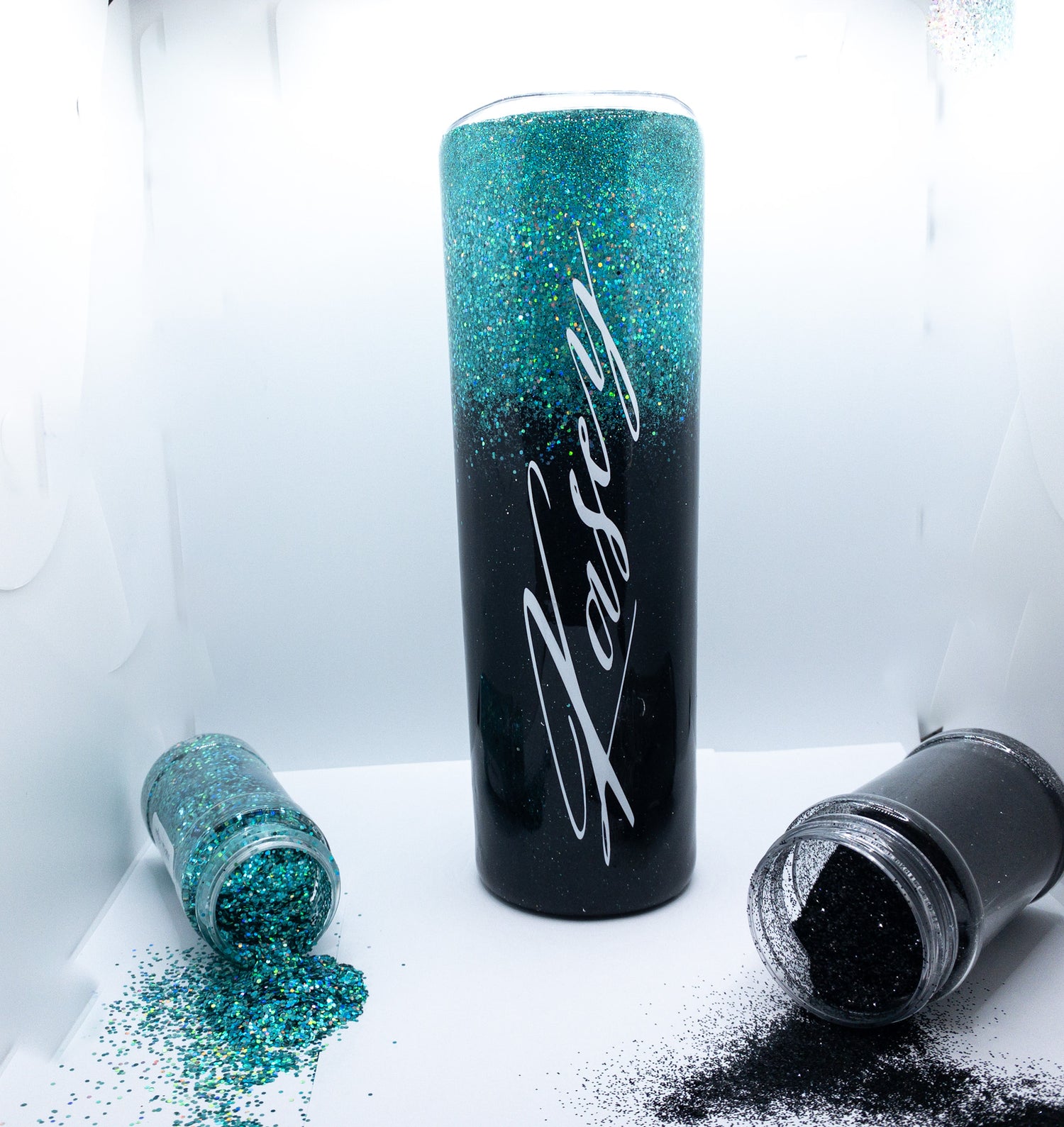 Custom Personalized Black and Teal Ombre Glitter Tumbler Cup With Lid