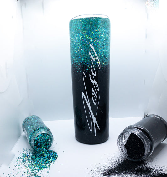 Custom Personalized Black and Teal Ombre Glitter Tumbler Cup With Lid
