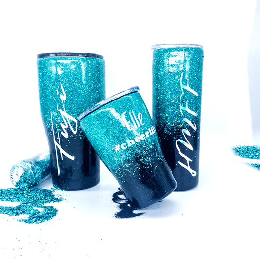 Custom Personalized Black and Teal Ombre Glitter Tumbler Cup With Lid