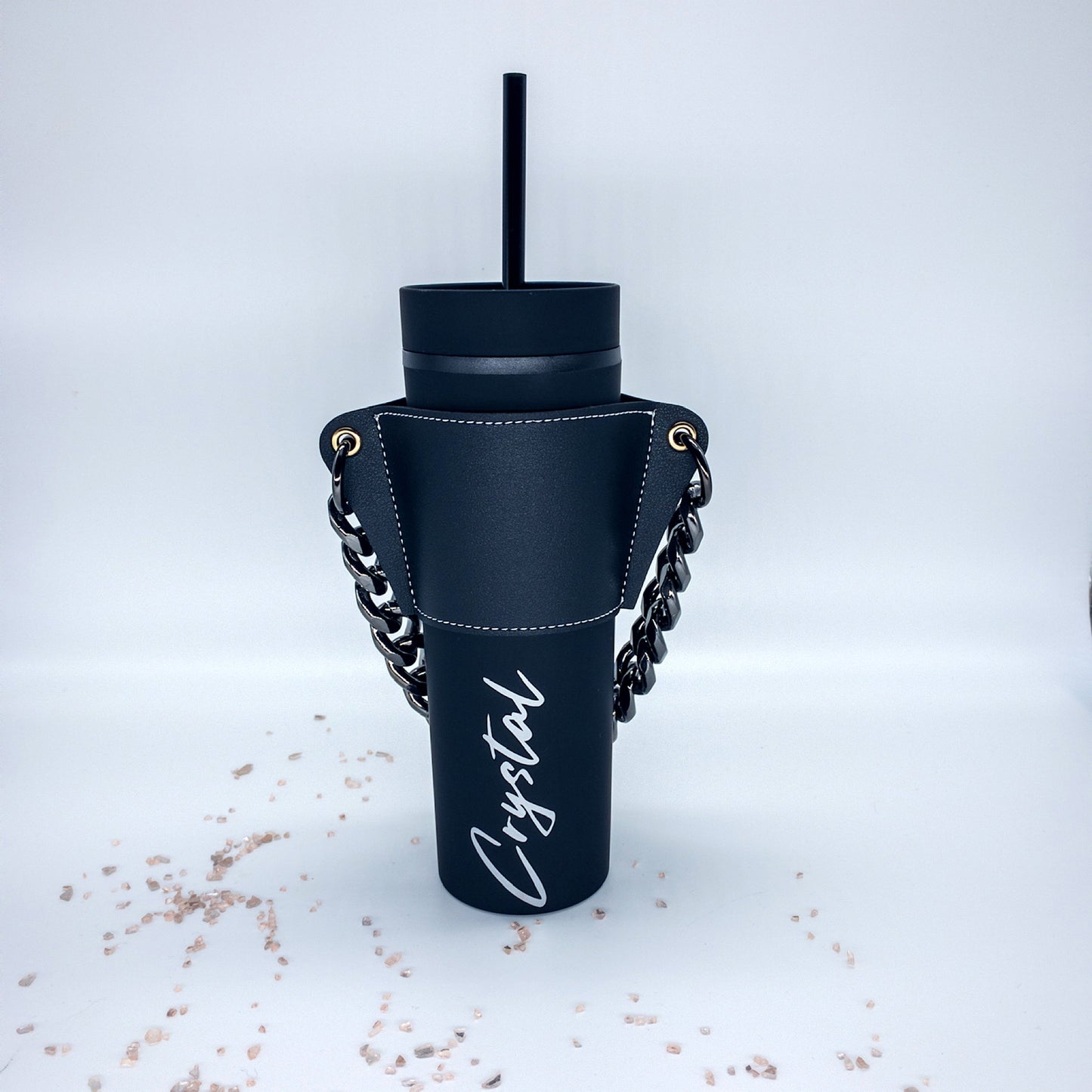 ** COMBO** Personalized Matte Black Acrylic Tumbler AND Reusable Black Cup Sleeve Purse