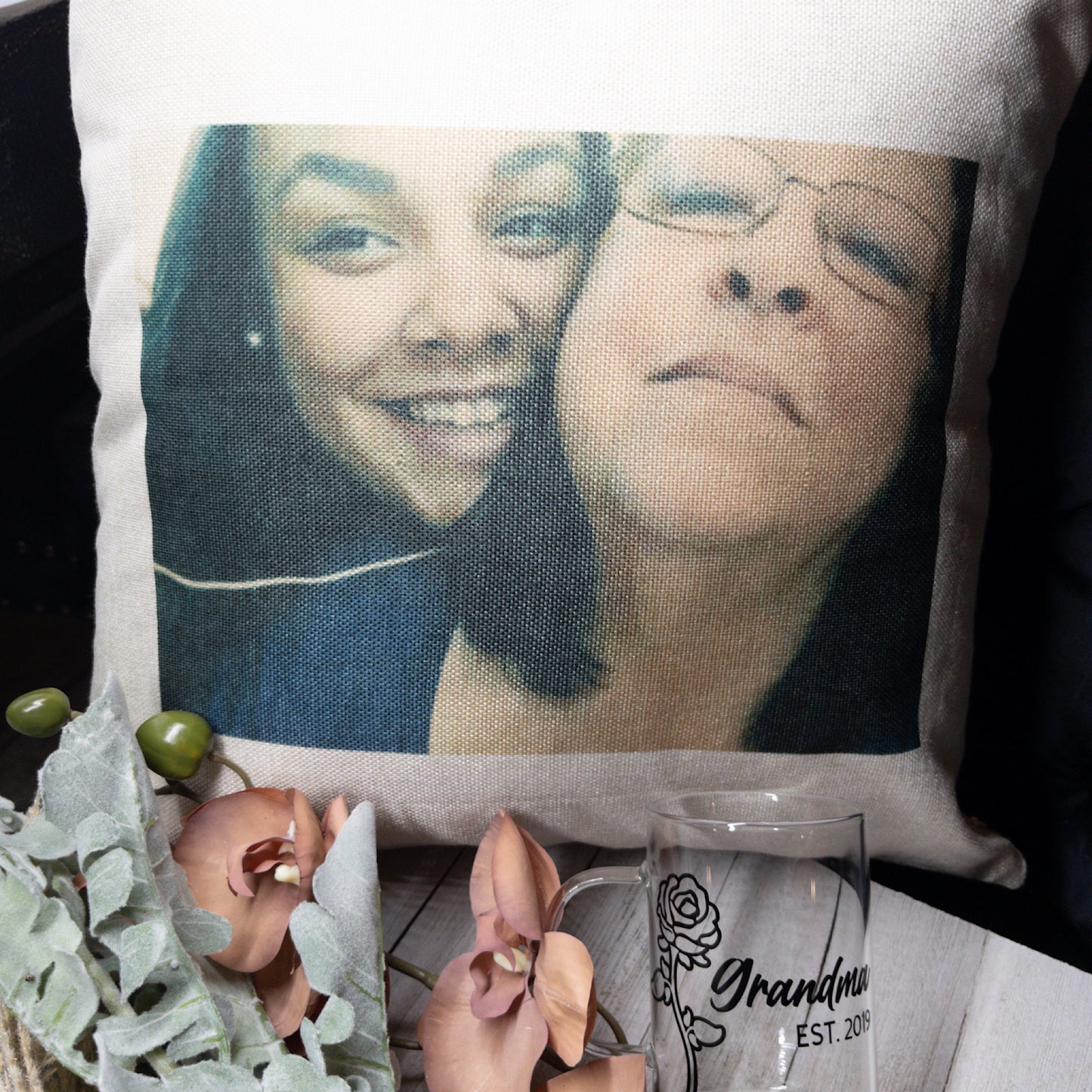Double Sided Family Portrait Pillow with Grandma Mug