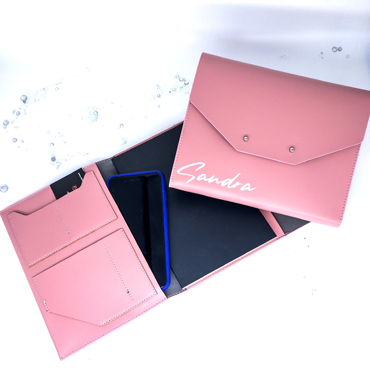 Custom Personalized PU Soft Leather Stylish Daily Planner Journal Agenda Notebook. Pink Black with Metal Closure Studs.