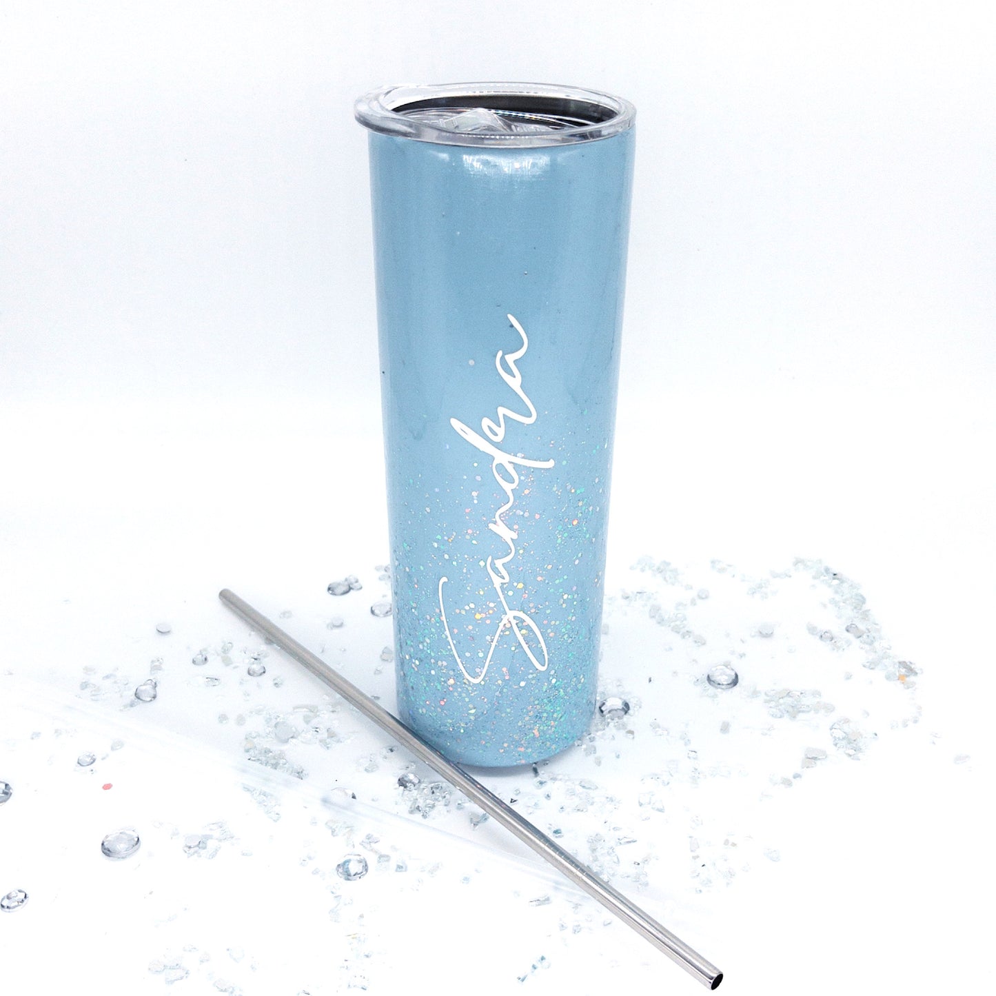 Custom Personalized  Light Blue Glitter Tumbler Cup With Lid