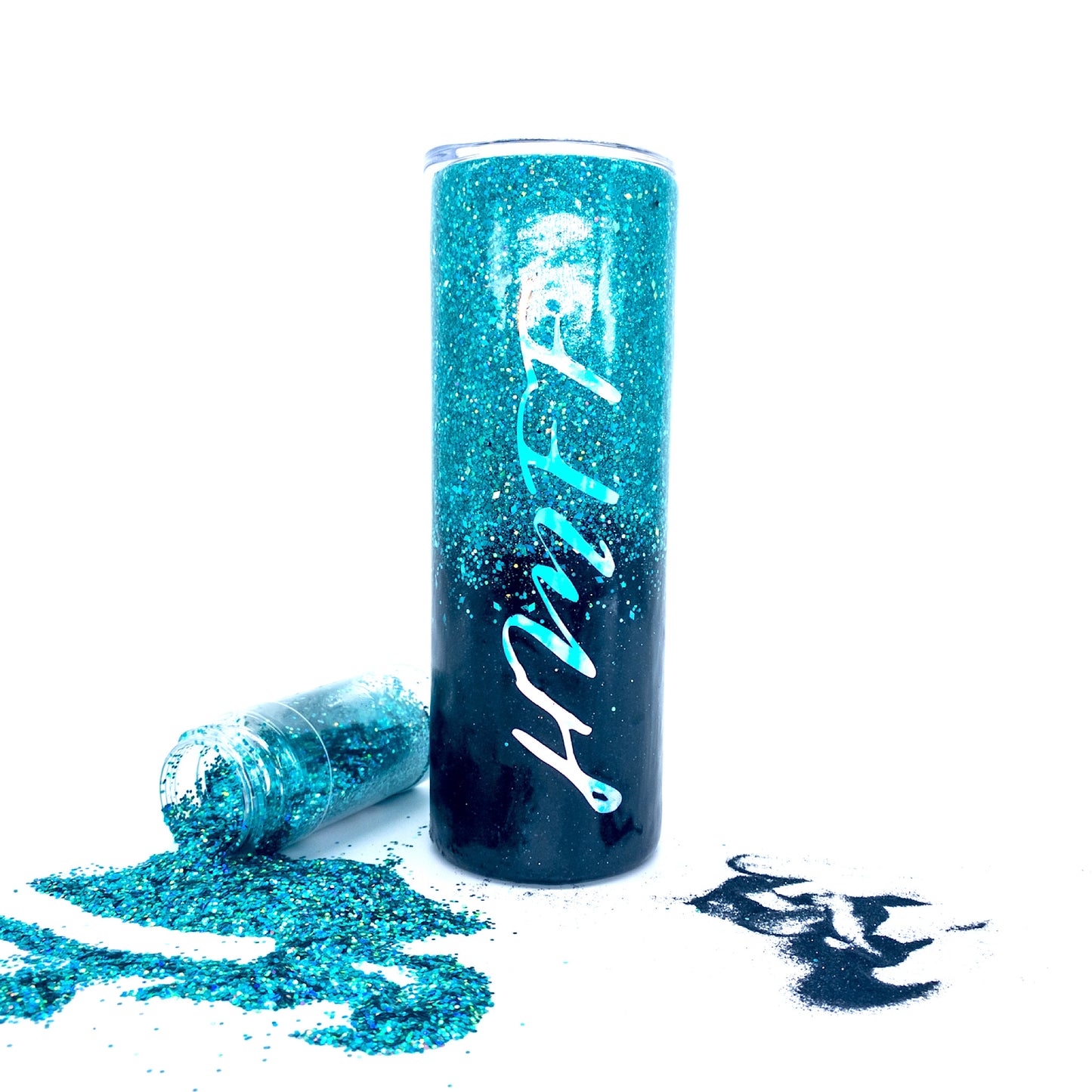 Custom Personalized Black and Teal Ombre Glitter Tumbler Cup With Lid