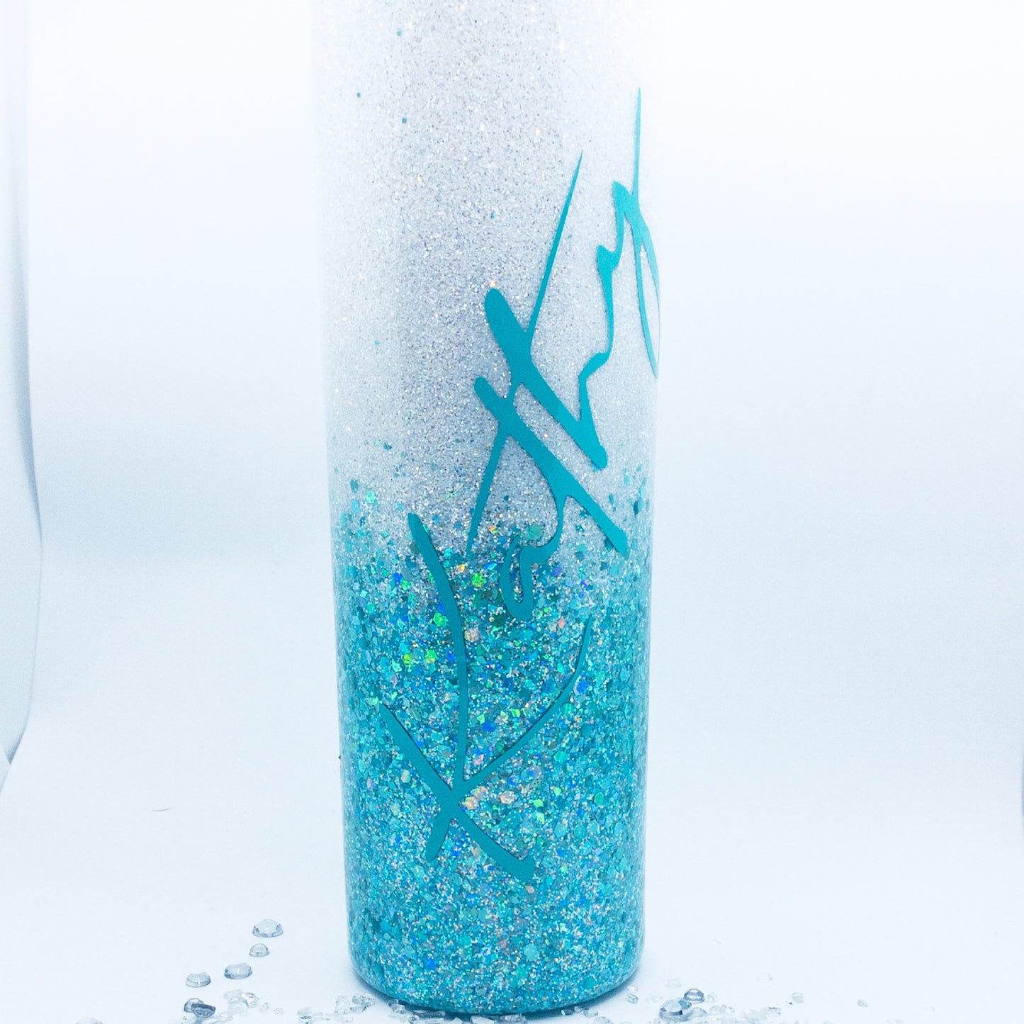 Custom Personalized Teal And White Glitter Ombre Tumbler With Lid