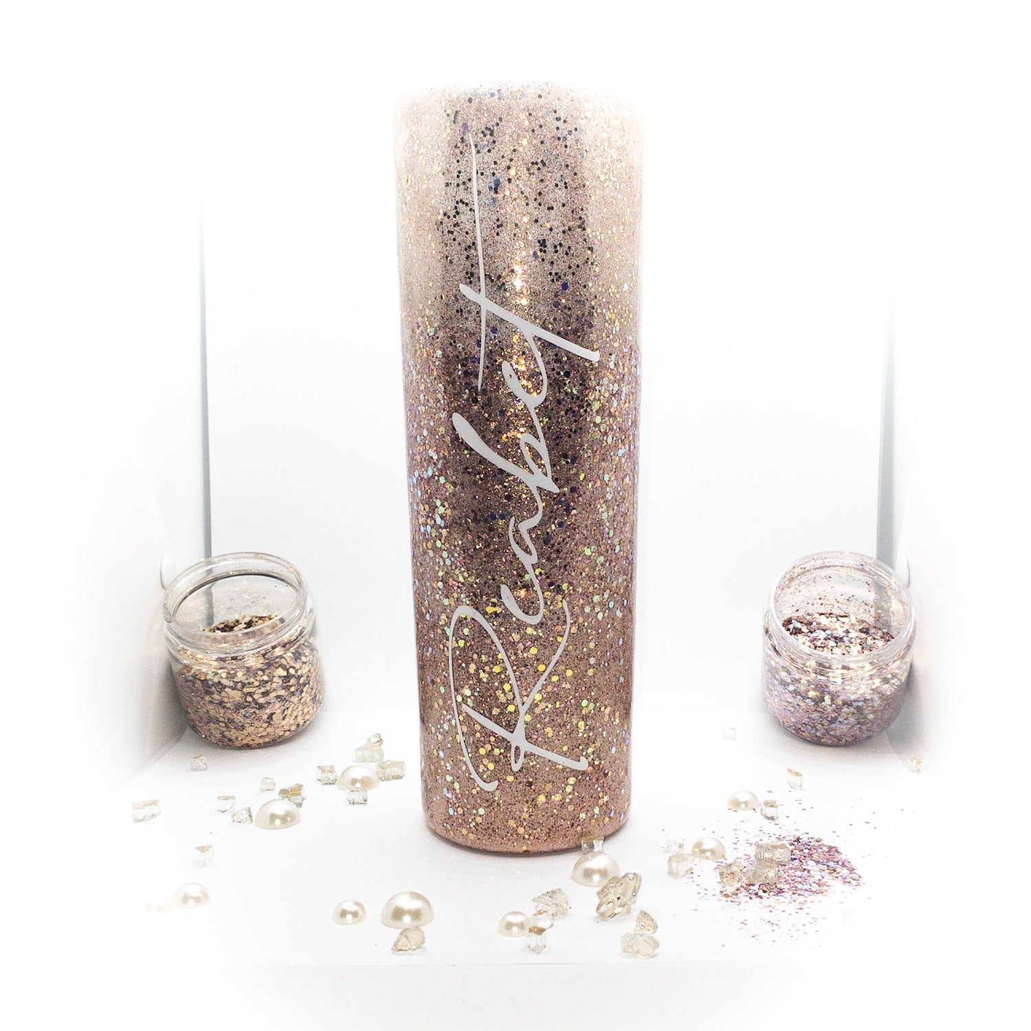 Custom Personalized Rose Gold Glitter Tumbler With Lid And Straw