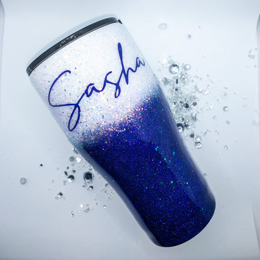 Custom Personalized Purple And White Glitter Ombre Tumbler With Lid And Straw