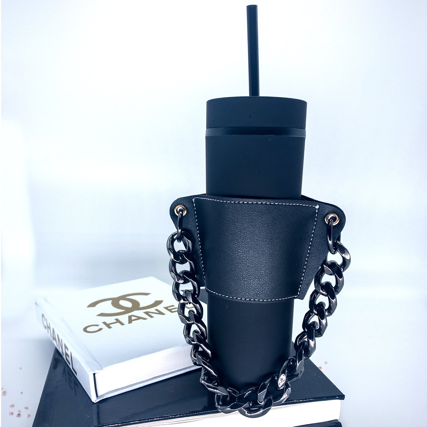 ** COMBO** Personalized Matte Black Acrylic Tumbler AND Reusable Black Cup Sleeve Purse