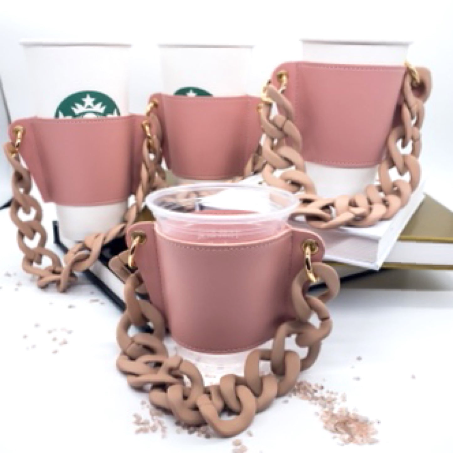 Pink Reusable Cup Holder Purse Sleeve With Pink Chain