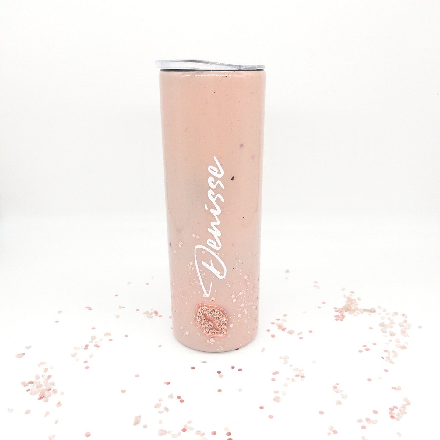 Custom Personalized  Rose Gold Rhinestone  Glitter Tumbler Cup With Lid