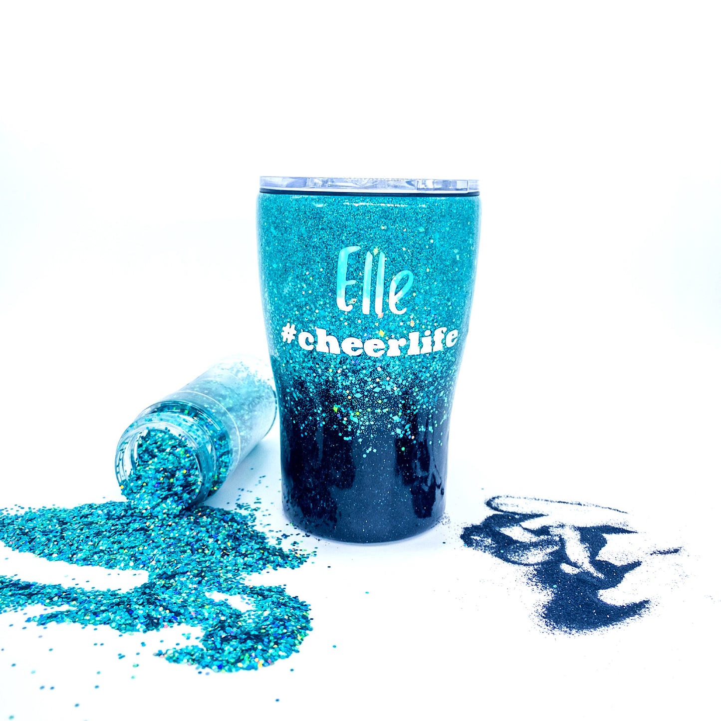 Custom Personalized Black and Teal Ombre Glitter Tumbler Cup With Lid