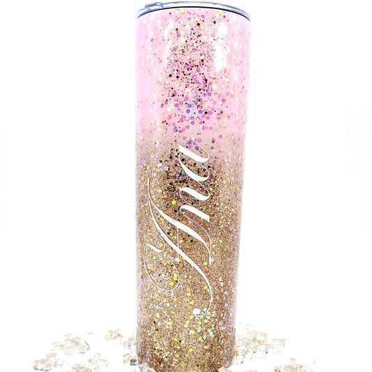 Pink and gold glitter tumbler
