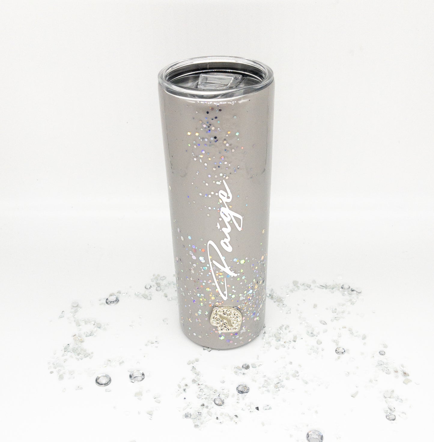 Custom Personalized  Grey Silver Rhinestone  Glitter Tumbler Cup With Lid