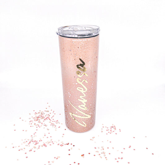 Custom Personalized  Metallic Rose Gold  Glitter Tumbler Cup With Lid