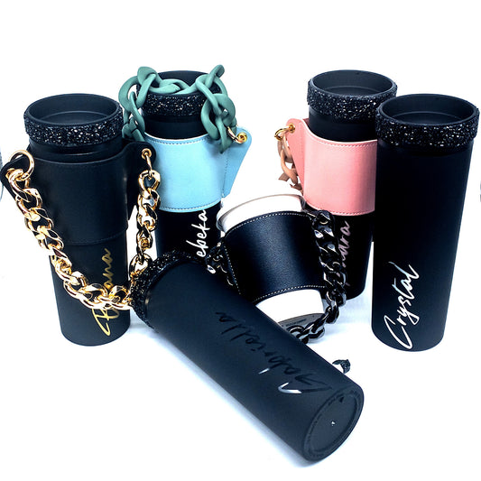 ** COMBO **Personalized Matte Black Rhinestone Tumbler and Reusable Cup Sleeve