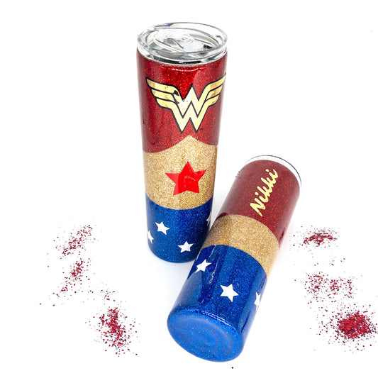 Custom Personalized  Wonder Woman Glitter Tumbler Cup With Lid