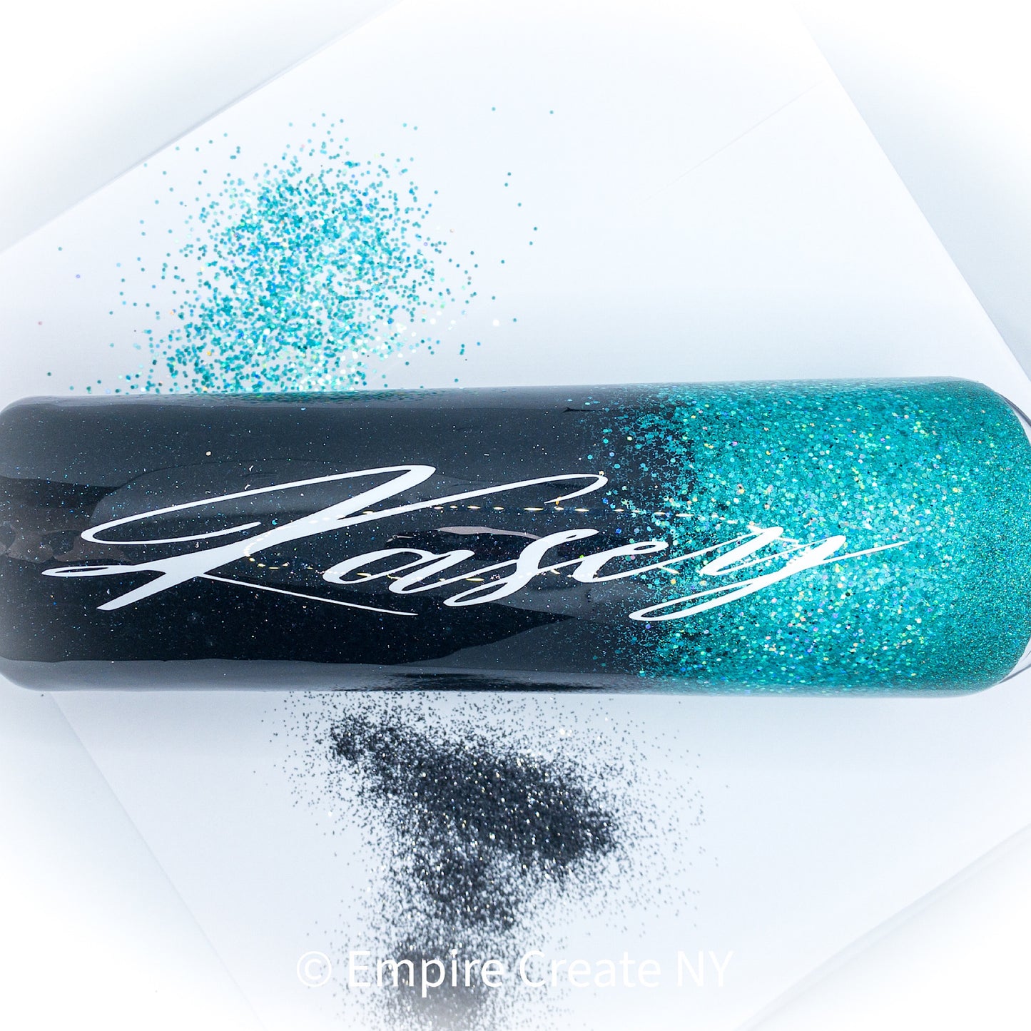 Custom Personalized Black and Teal Ombre Glitter Tumbler Cup With Lid