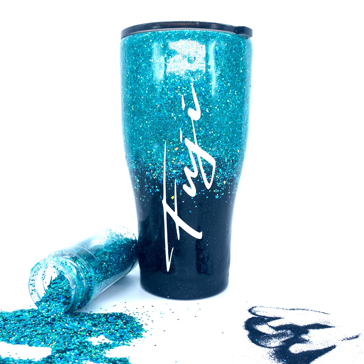 Custom Personalized Black and Teal Ombre Glitter Tumbler Cup With Lid