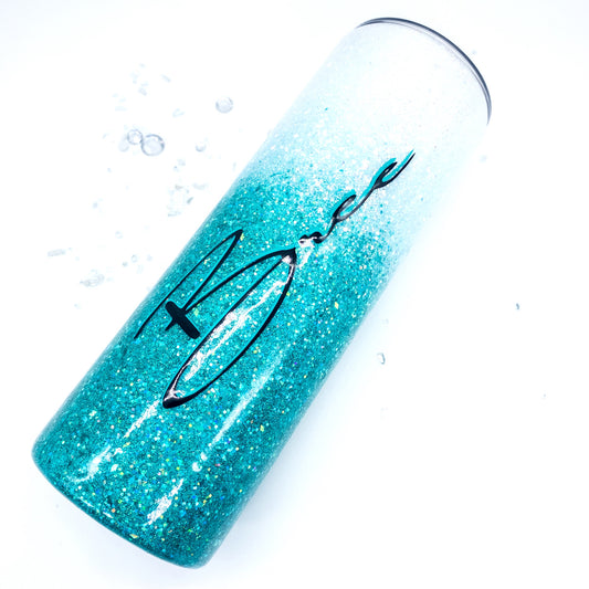 Custom Personalized  Teal White Glitter Tumbler Cup With Lid