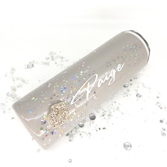 Custom Personalized  Grey Silver Rhinestone  Glitter Tumbler Cup With Lid