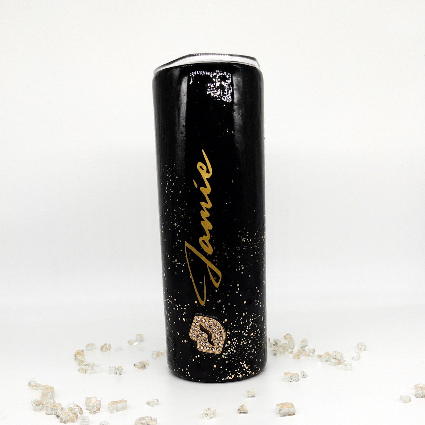 Custom Personalized  Black Gold Rhinestone  Glitter Tumbler Cup With Lid