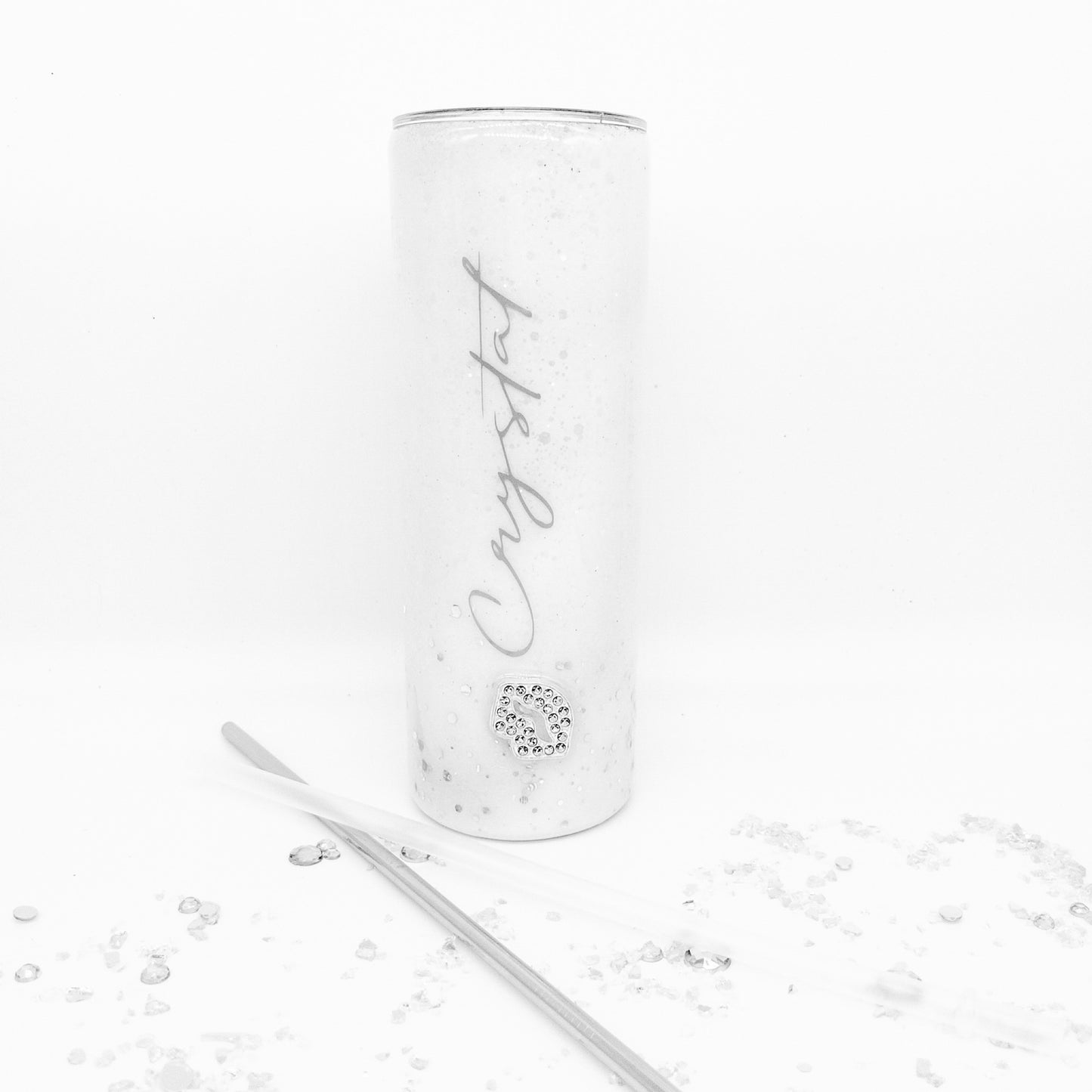 Custom Personalized  White Silver Rhinestone  Glitter Tumbler Cup With Lid
