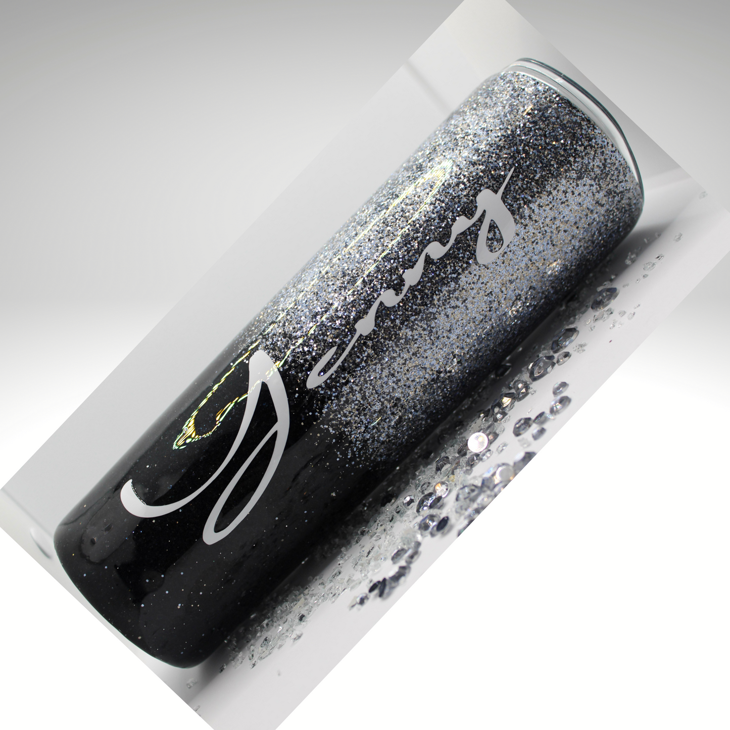 Custom Personalized  Silver And Black  Glitter Tumbler Cup With Lid