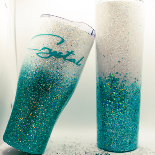 Custom Personalized Teal And White Glitter Ombre Tumbler With Lid