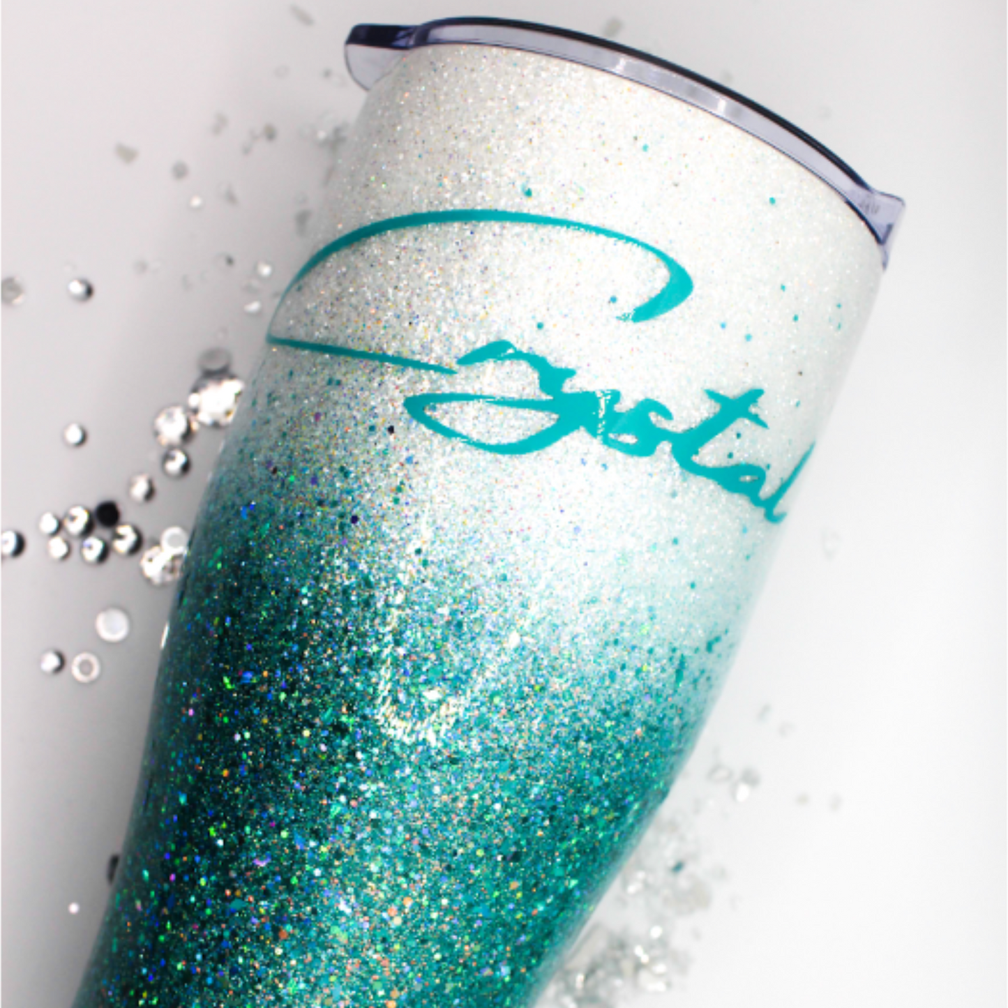 Custom Personalized Teal And White Glitter Ombre Tumbler With Lid