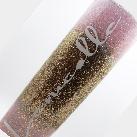 Custom Personalized Gold And Pink Glitter Ombre Tumbler Cup With Lid