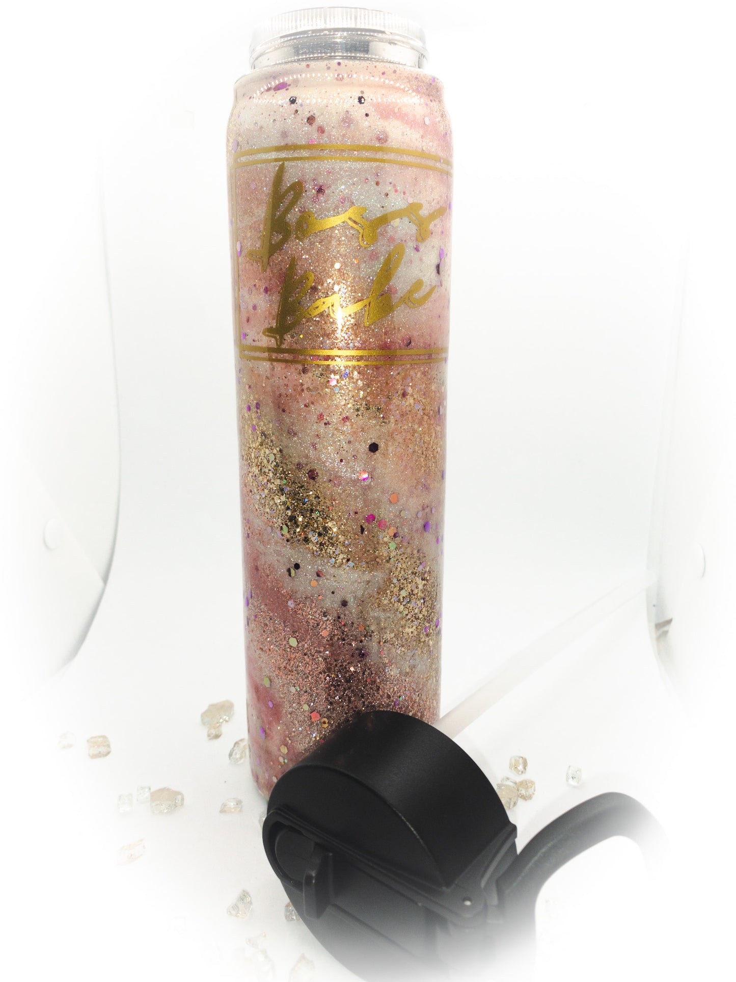 Custom Personalized Pink And Gold Swirl Glitter Water Bottle