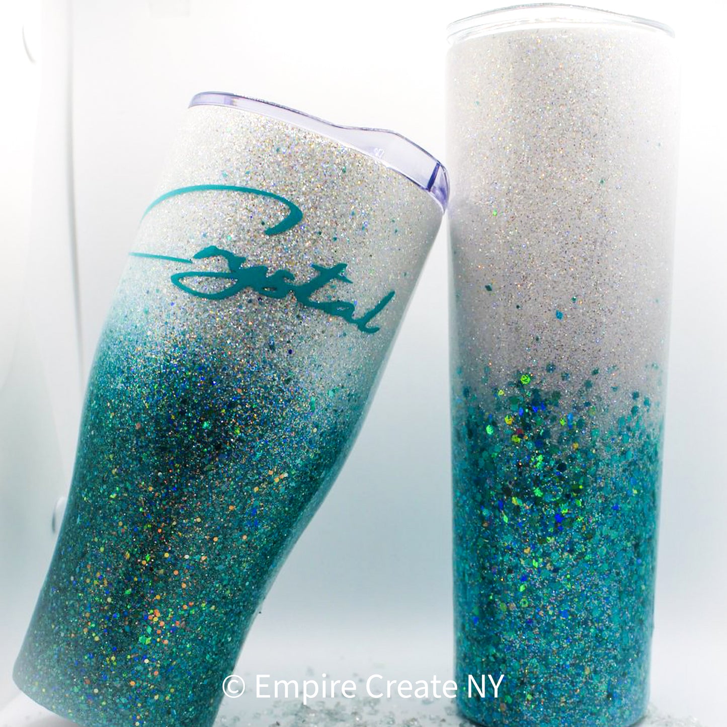 Custom Personalized Teal And White Glitter Ombre Tumbler With Lid