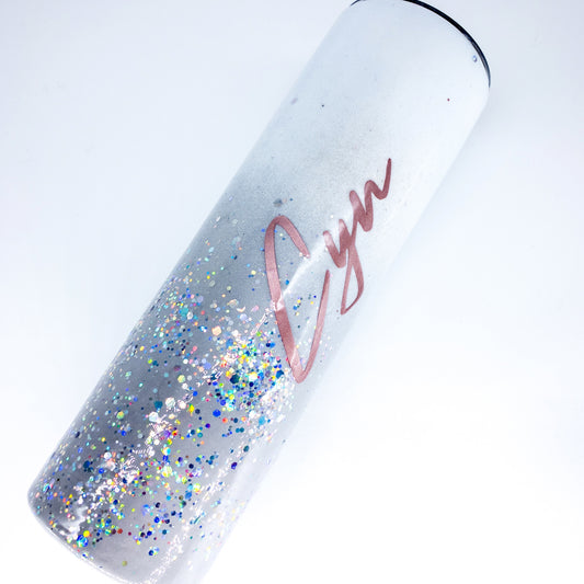 Custom Personalized Silver Grey White  Ombre Glitter Tumbler Cup With Lid
