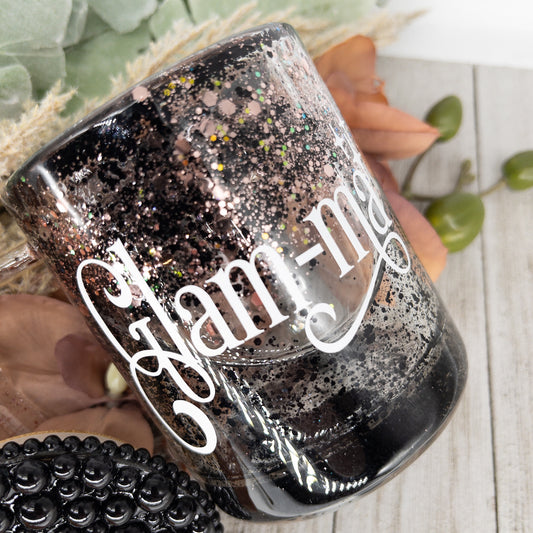 Custom Personalized Black Rose Gold Glitter Glass Mug with Pearl Lid and Straw